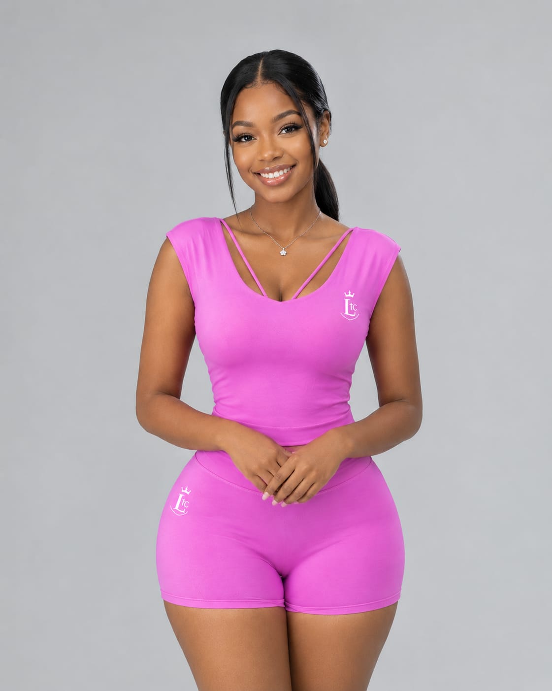 LTC V-Strap Short Set in hot pink — V-neck crop top and matching bike shorts