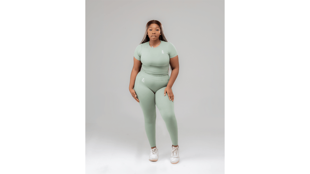LTC Soft Touch Legging Set in sage green — short-sleeve crop top and matching high-waist leggings