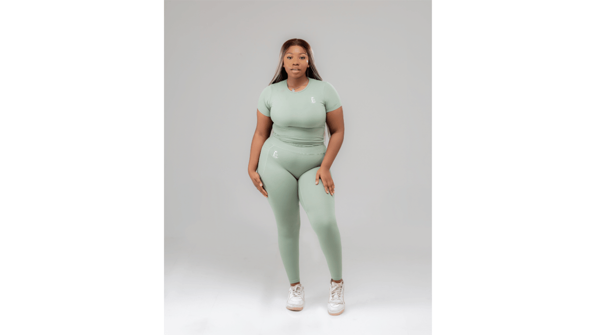 LTC Soft Touch Legging Set in sage green — short-sleeve crop top and matching high-waist leggings